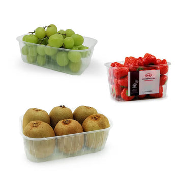 Cestelli di plastica trasparente, tre diverse misure, con kiwi, uva e fragole